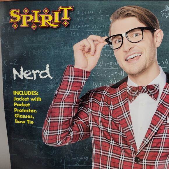 Spirit Halloween Med Nerd Costume Plaid Jacket Pocket Protector Bow Tie Glasses - Picture 3 of 11